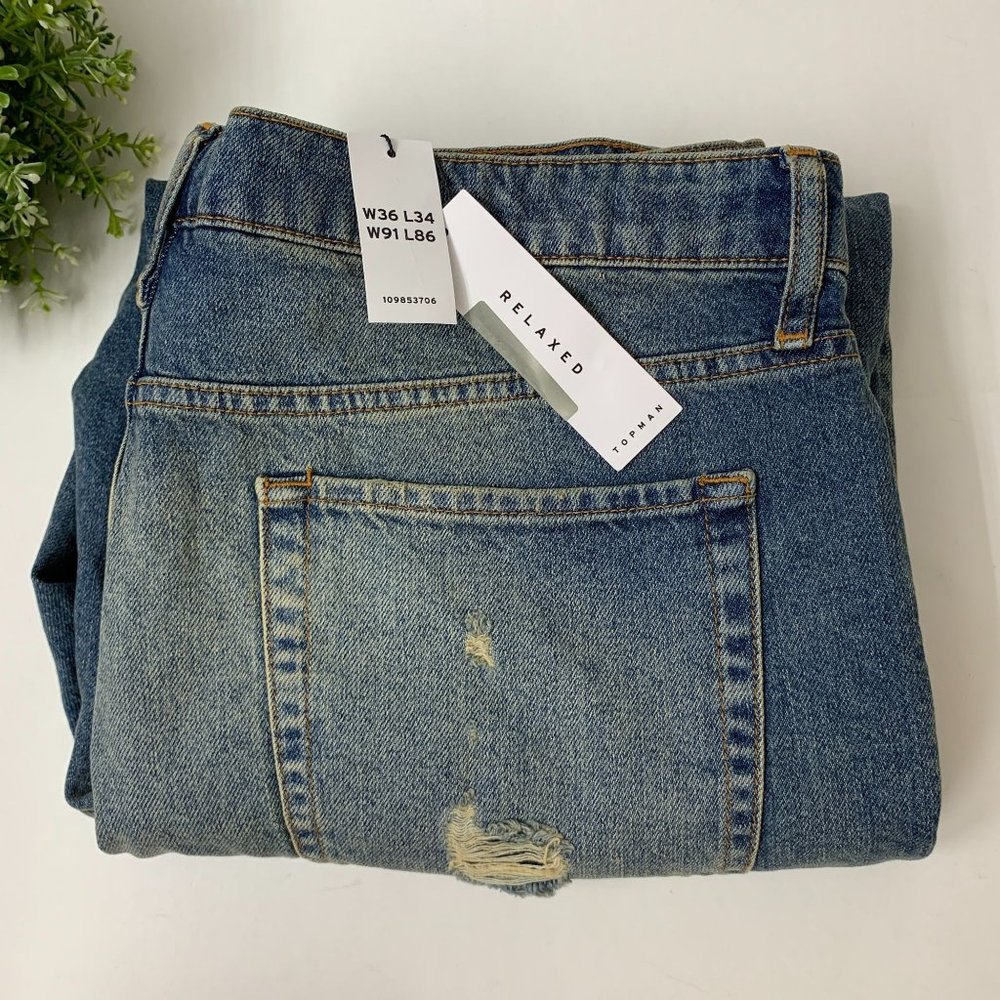 Topman relaxed rip and repair jeans 36W 34L in dark mid wash blue